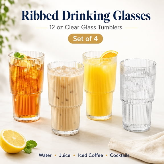 Ribbed Drinking Glasses Set of 4, 12 oz Stackable Clear Glass Cups, Curved Non-Slip Tumblers for Water, Juice, Iced Tea & Cocktails