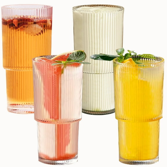 Drinking Glasses, Rocks Cocktail Glasses 12 oz Ribbed Glass Cups Set of 4, Coffee Bar Accessories, Small Cute Ribbed Glassware for Whiskey Tea Soda Iced Coffee Cup, Birthday Gifts for Women