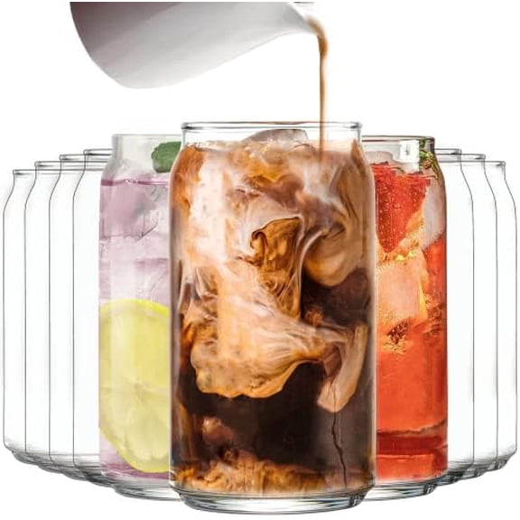 Drinking Glasses Set of 10 - Can Shaped Glass Cups, 16oz Iced Tea/Coffee Glasses, Hurricane Tumbler Glass, Cocktail Whiskey Soda Clear Water Beer Glasses$$Home Decor, Kitchen, & Other