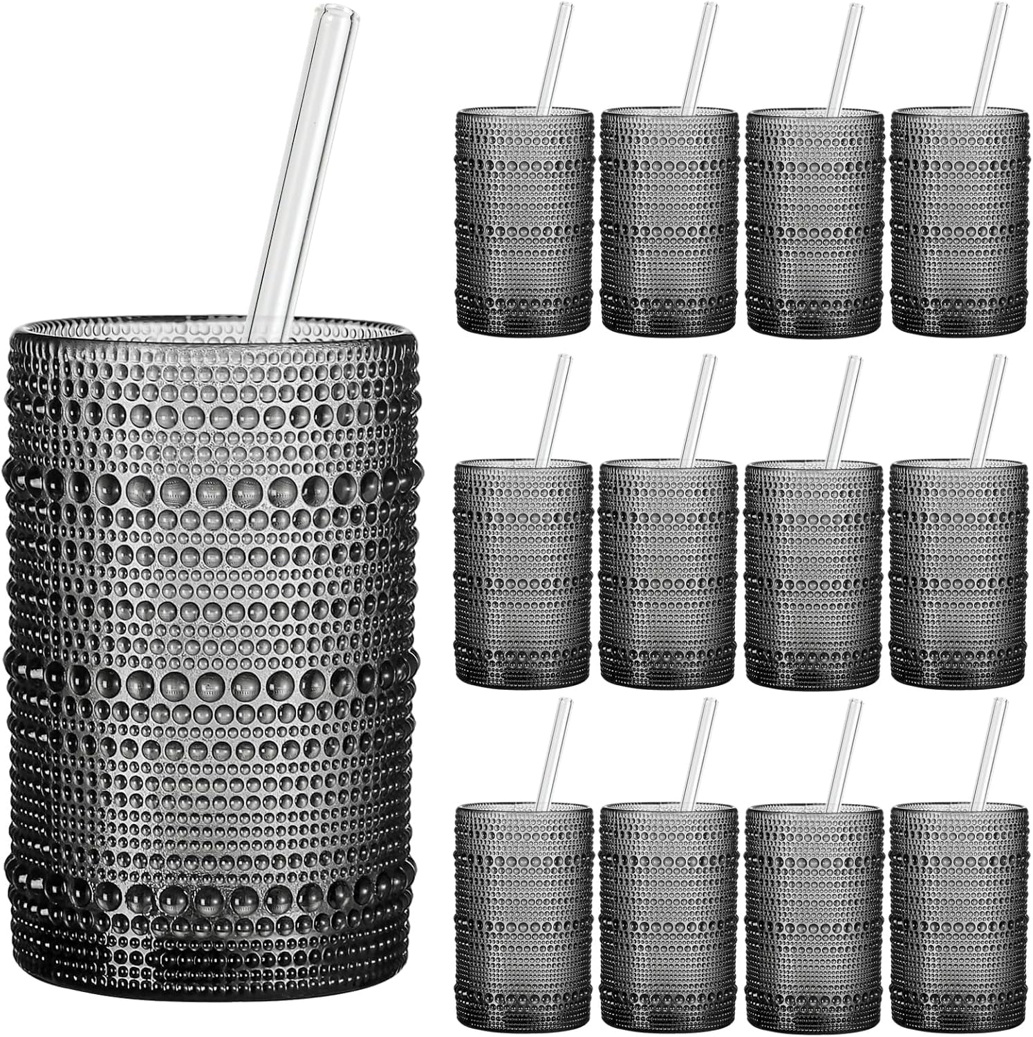 Drinking Glasses Set of 12, 15oz Textured Tumblers - Embossed Grey Bar ...