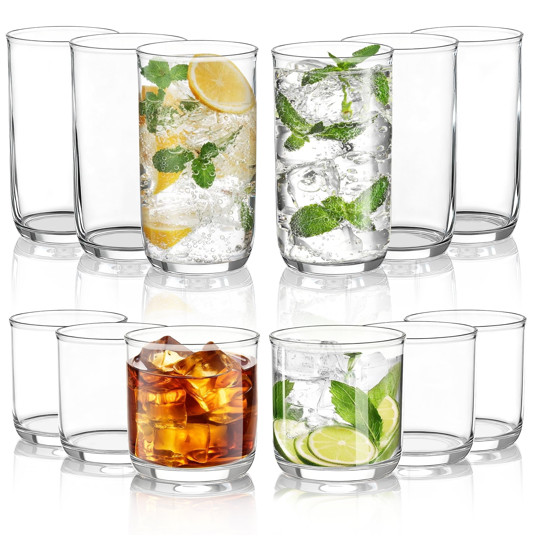 ReaNea Drinking Glasses Set of 12, PET Clear Plastic Highball Glasses 14oz & Whisky Cocktail Glasses Set 11.5oz, Heavy Duty Unbreakable Water Glasses Cup Tumbler Glassware for Beer, Juice, Milk