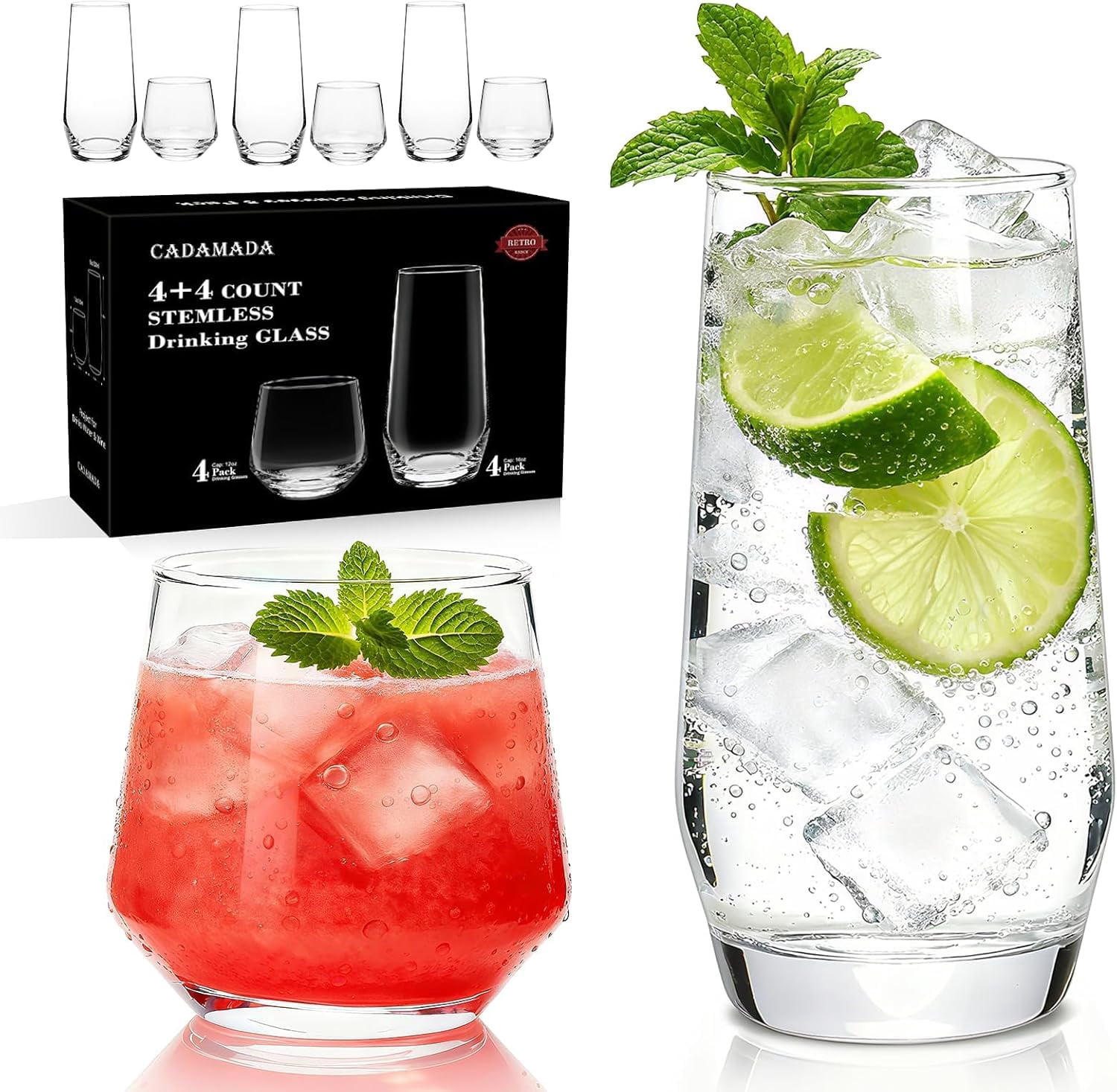 Drinking Glasses Set, 4 Highball Glasses 18 oz & 4 Stemless Rocks ...