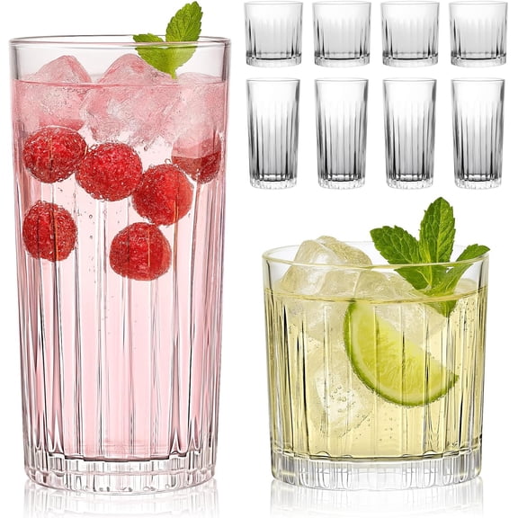 Drinking Glasses Set of 8, 12 oz Highball Glasses & 10 oz Cocktail Glasses Set, Ribbed Glass Cups,Thick Glass Cups, Kitchen Water Glasses Cup, Bar Tumbler Glassware for Beer, Whiskey(Clear)