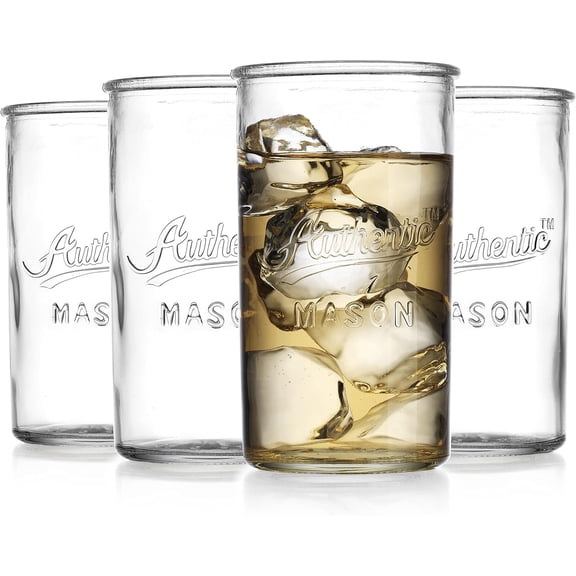 Drinking Glasses Set of 4 Authentic Mason Vintage Glassware Clear Glass Tumblers for Cocktails, Water, Juice Embossed Vintage Drinking Glasses