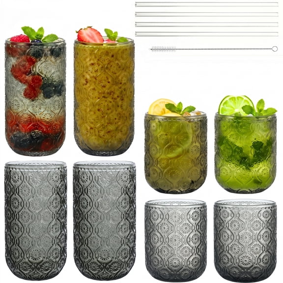 Drinking Glasses Set of 8, 4 Highball 12oz & 4 Rocks 10oz Gray Glass Cups, Floral Pattern Glassware with Glass Straws