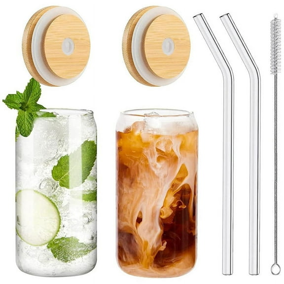 Drinking Glasses with Bamboo Lids and 2PCS Set, 16Oz Can Shaped Glass Cups Straws,Beer