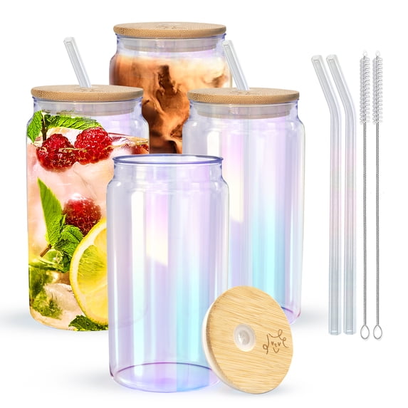 Drinking Glasses with Bamboo Lids and Glass Straw 16oz 4pcs Set Can Shaped Glass Cups for Beer Smoothies Cocktail Whiskey Iced Coffee Cordial Glasses