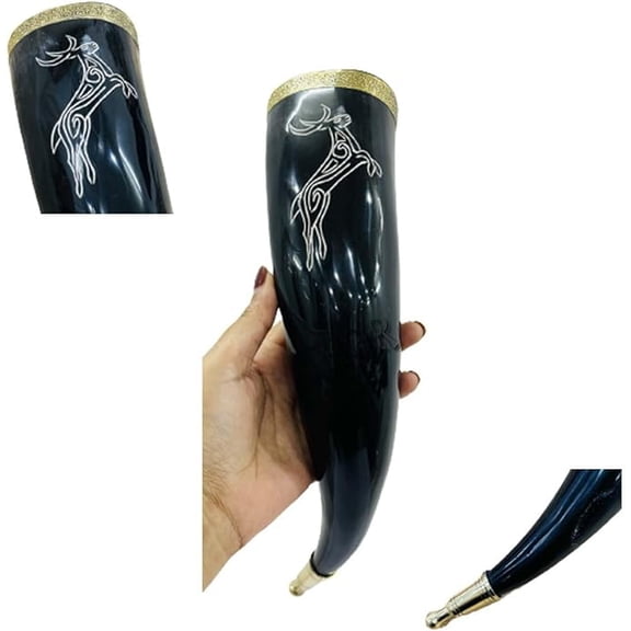 Drinking Horn Brass knob Viking Wine Deer Carved Design Mead Mug Medieval Inspire Drinkware Plain Polished Christmas Birthday Wedding Gift