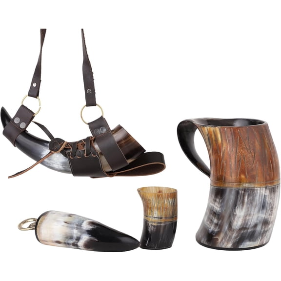 Drinking Horn Mug Set | 7-Piece Collection with 16oz Dire Wolf Engraved Mead & Beer Mug, Shot Cups, Bottle Opener, Leather Strap, Belt Holster & Drinking Horns | Norse Gift for Men