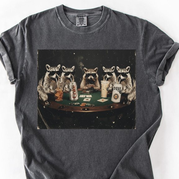 Drinking Iced Coffee Raccoon Poker Night Shirt Funny Casino Animal Meme Tee Gambler Gift R