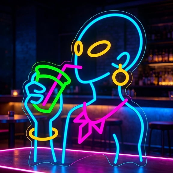 Drinking Neon Signs for Wall Decor, Boho Figure LED Wall Art for Bar Decor, USB Dimmable Neon Lights, Housewarming, Birthday, Christmas (Alien Blue)