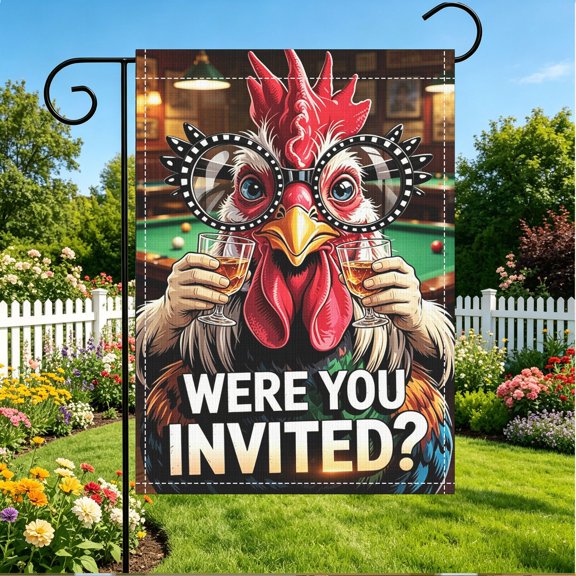 Drinking Rooster Novelty Double Sided Garden Flag, 12x18 Inch, Backyard Pool Birthday Holiday Gift, No Flagpole