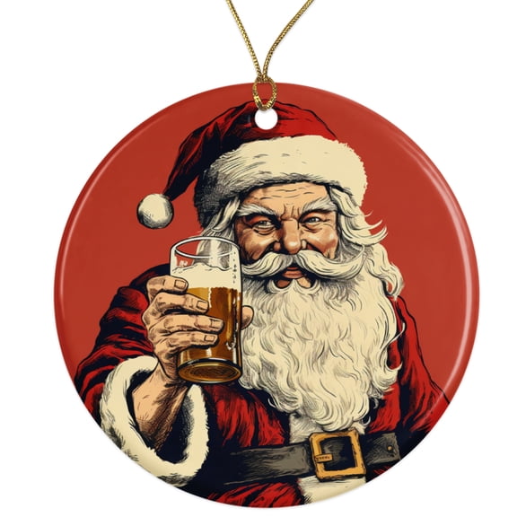 Drinking Santa Funny Ceramic Ornament - Funny Joke Humor Joke Gift - 3 Inch Christmas Tree Round Ornament - Xmas Holiday Decor - String Included - ORN0022