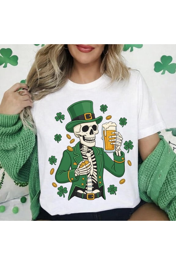 Drinking Skeleton Shirt, St Patrick’s Day Shirt, Funny Irish Beer T-Shirt, Lucky Shamrock Skull Graphic Tee, Gift For Him/Her