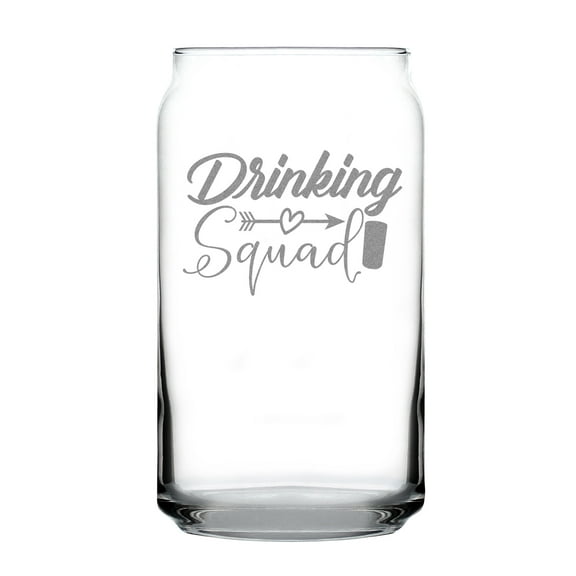 Drinking Squad Etched Pint Glass, Hand Engraved 16oz Fun Drinkware Gift, Unique Glassware for Parties, Arrow Heart Design