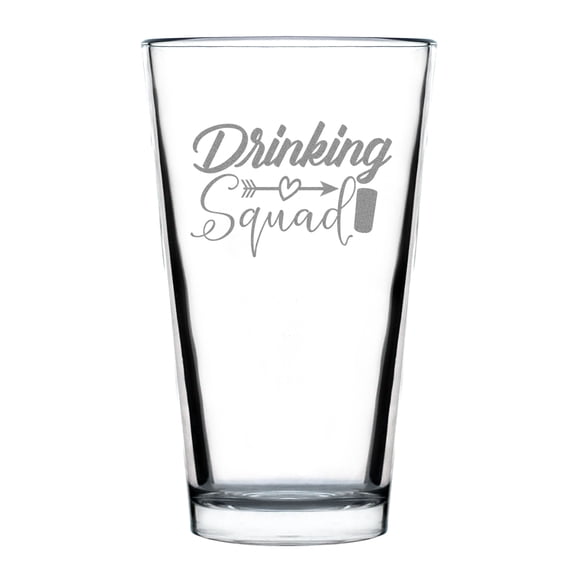 Drinking Squad Pint Glass, Fun Barware, Hand Engraved Unique Gift for Friends, Etched Glassware, 16oz Standard Glass