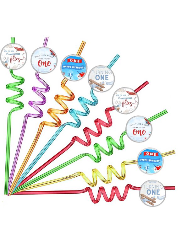 Drinking Straws Airplane First backdrop Party Favors Reusable Plastic Beverages Birthday Supplies Decoration 8pcs