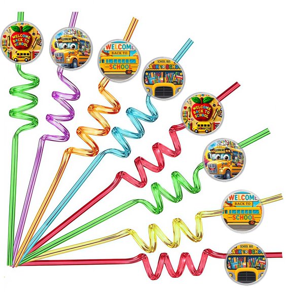 Drinking Straws Back to School Bus Party Favors Reusable Plastic Beverages Birthday Supplies Decoration 8pcs