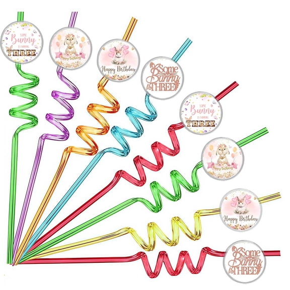 Drinking Straws Bunny 3rd Rabbit Three Girl Party Favors Reusable Plastic Beverages Birthday Supplies Decoration 8pcs