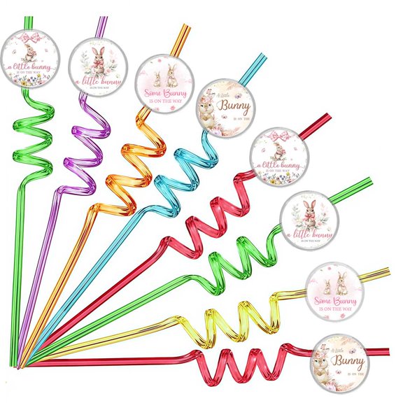 Drinking Straws Bunny Baby Shower Party Favors Reusable Plastic Beverages Birthday Supplies Decoration 8pcs