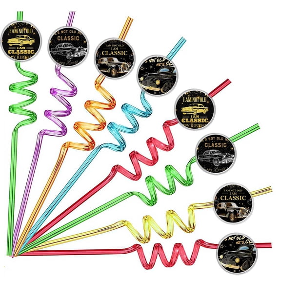 Drinking Straws Classic Car Vintage Party Favors Reusable Plastic Beverages Birthday Supplies Decoration 8pcs