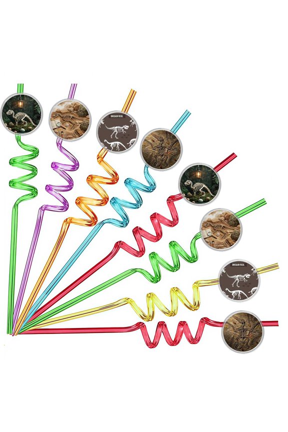 Drinking Straws Dinosaur Fossil Party Favors Reusable Plastic Beverages Birthday Supplies Decoration 8pcs