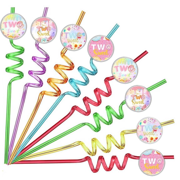Drinking Straws Donut Two Sweet 2nd Two Second Party Favors Reusable Plastic Beverages Birthday Supplies Decoration 8pcs
