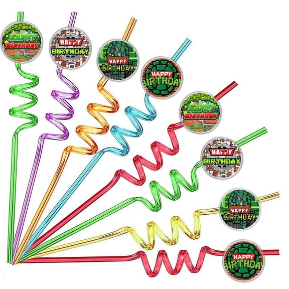 Drinking Straws Green Turtle Party Favors Reusable Plastic Beverages Birthday Supplies Decoration 8pcs