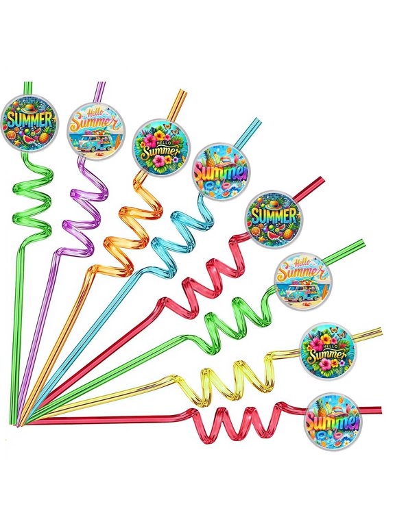 Drinking Straws Hello Summer Beach Aloha Luau Party Favors Reusable Plastic Beverages Birthday Supplies Decoration 8pcs
