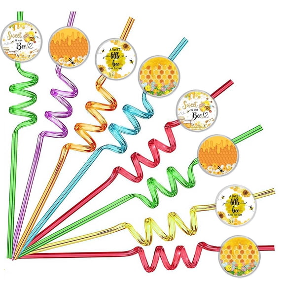 Drinking Straws Honey Bee Honeycomb Party Favors Reusable Plastic Beverages Birthday Supplies Decoration 8pcs