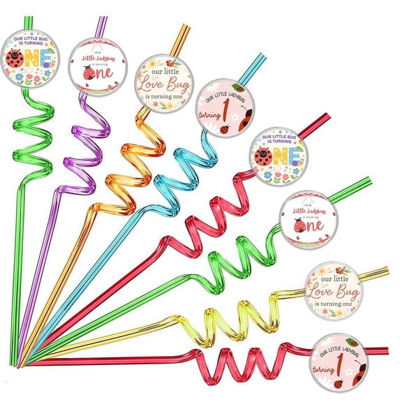 Drinking Straws Ladybug First 1st One Party Favors Reusable Plastic Beverages Birthday Supplies Decoration 8pcs