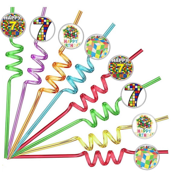Drinking Straws Magic Colorful Cube 7th Party Favors Reusable Plastic Beverages Birthday Supplies Decoration 8pcs