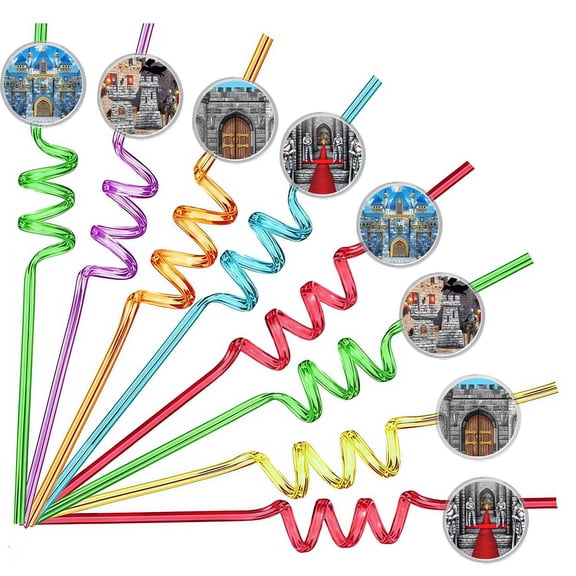 Drinking Straws Medieval Knight Castle Party Favors Reusable Plastic Beverages Birthday Supplies Decoration 8pcs