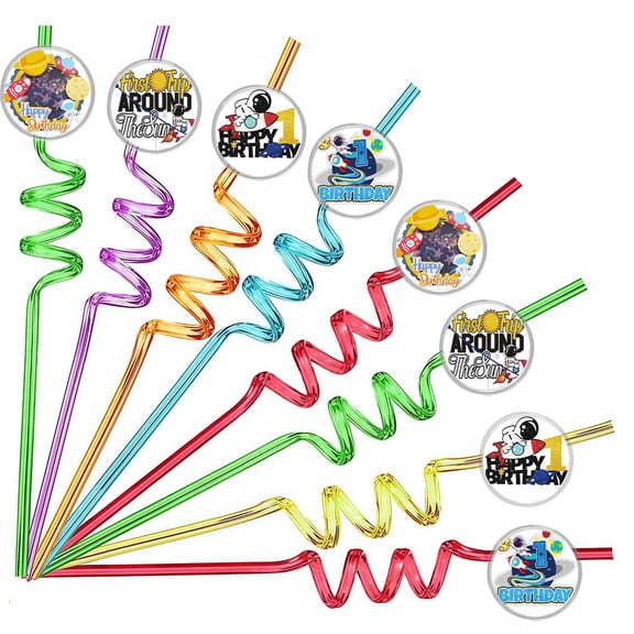 Drinking Straws Outer Space 1st First One Party Favors Reusable Plastic Beverages Birthday Supplies Decoration 8pcs