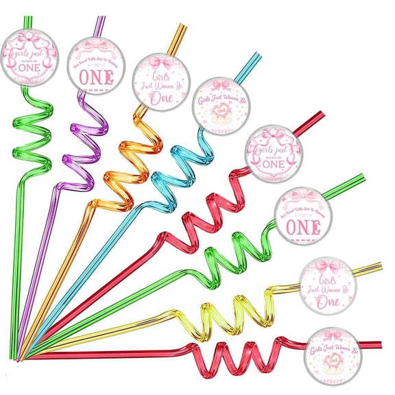 Drinking Straws Pink Bow 1st First One Party Favors Reusable Plastic Beverages Birthday Supplies Decoration 8pcs