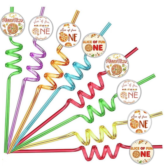 Drinking Straws Pizza 1st First One Party Favors Reusable Plastic Beverages Birthday Supplies Decoration 8pcs