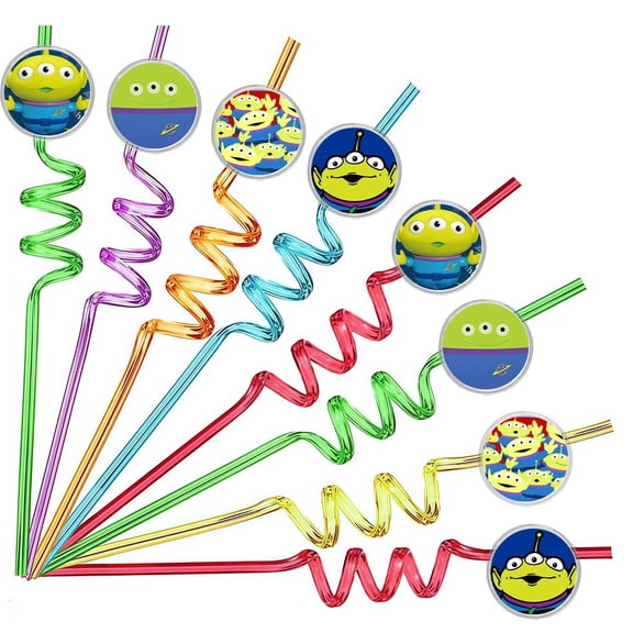 Drinking Straws Pizza Planet Aliens Party Favors Reusable Plastic Beverages Birthday Supplies Decoration 8pcs
