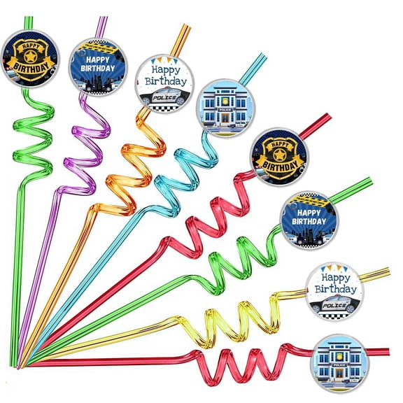 Drinking Straws Police Car Station Party Favors Reusable Plastic Beverages Birthday Supplies Decoration 8pcs