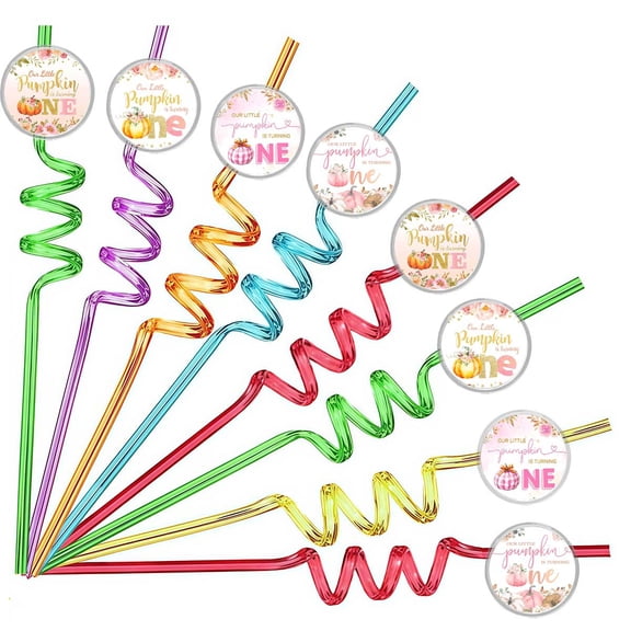 Drinking Straws Pumpkin First 1st One Party Favors Reusable Plastic Beverages Birthday Supplies Decoration 8pcs