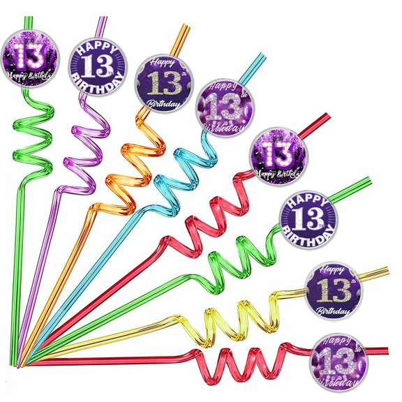 Drinking Straws Purple 13th Party Favors Reusable Plastic Beverages Birthday Supplies Decoration 8pcs