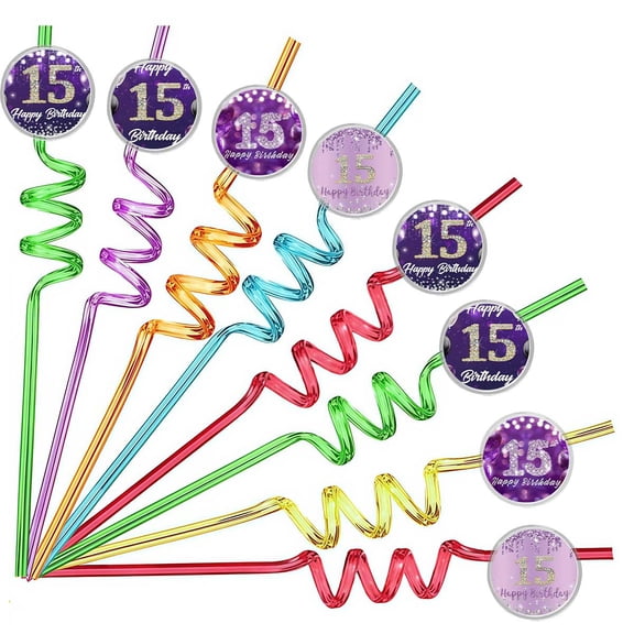 Drinking Straws Purple 15th Girl Party Favors Reusable Plastic Beverages Birthday Supplies Decoration 8pcs