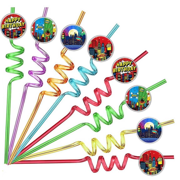 Drinking Straws Red Super Hero Party Favors Reusable Plastic Beverages Birthday Supplies Decoration 8pcs