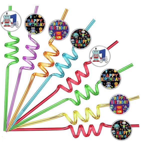 Drinking Straws Robot Gear 1st Party Favors Reusable Plastic Beverages Birthday Supplies Decoration 8pcs