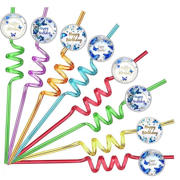Drinking Straws Royal Blue Butterfly Party Favors Reusable Plastic Beverages Birthday Supplies Decoration 8pcs