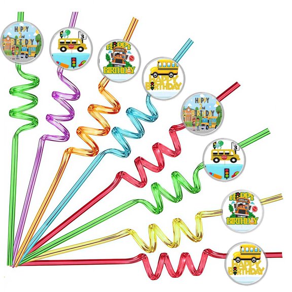 Drinking Straws School Bus 3rd Party Favors Reusable Plastic Beverages Birthday Supplies Decoration 8pcs