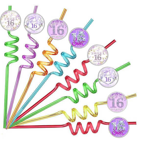Drinking Straws Sweet 16th Purple Flower Party Favors Reusable Plastic Beverages Birthday Supplies Decoration 8pcs