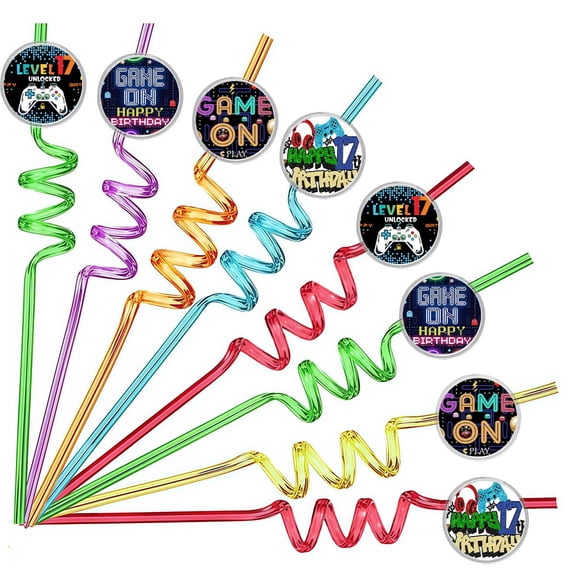 Drinking Straws Video Game Level 17th Party Favors Reusable Plastic Beverages Birthday Supplies Decoration 8pcs