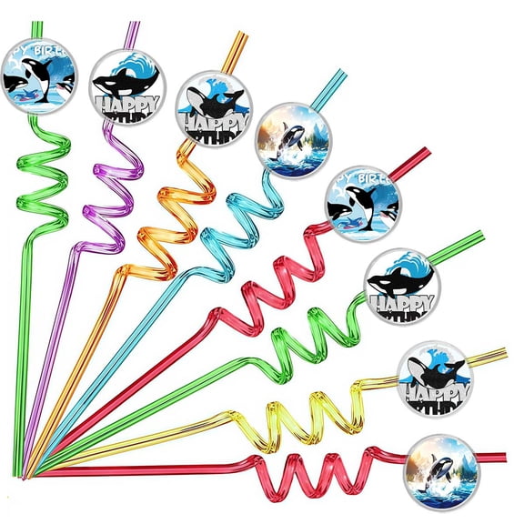 Drinking Straws Whale Ocean Orca Party Favors Reusable Plastic Beverages Birthday Supplies Decoration 8pcs