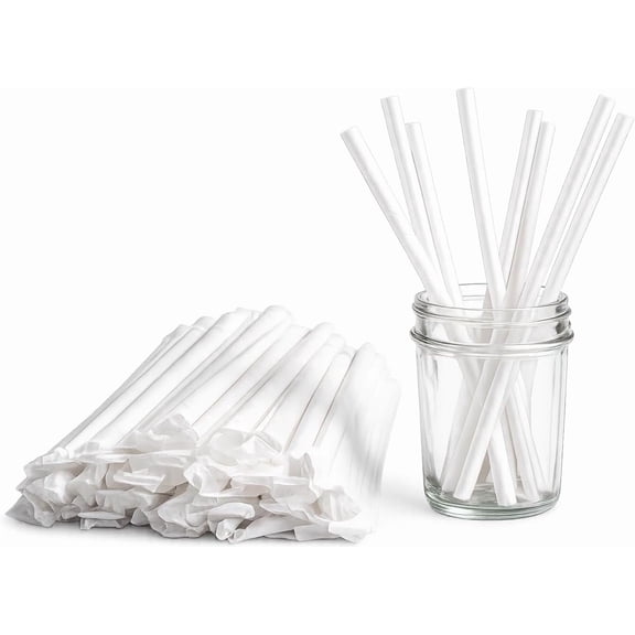 7.75" White Plastic Drinking Straws Bulk, Individually Wrapped - 300 Count