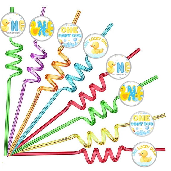 Drinking Straws Yellow 1st One Lucky Duck Party Favors Reusable Plastic Beverages Birthday Supplies Decoration 8pcs